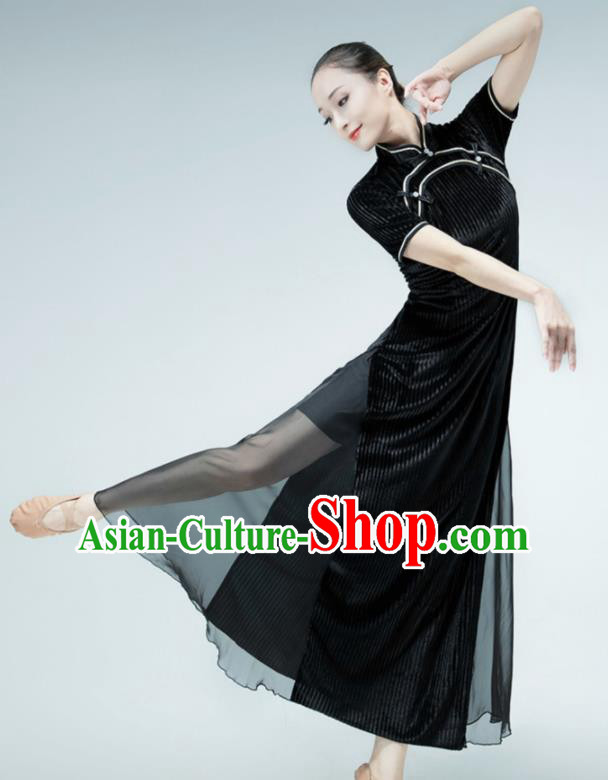 Chinese Woman Solo Dance Black Qipao Ballet Dance Clothing Stage Performance Costume Classical Dance Dress