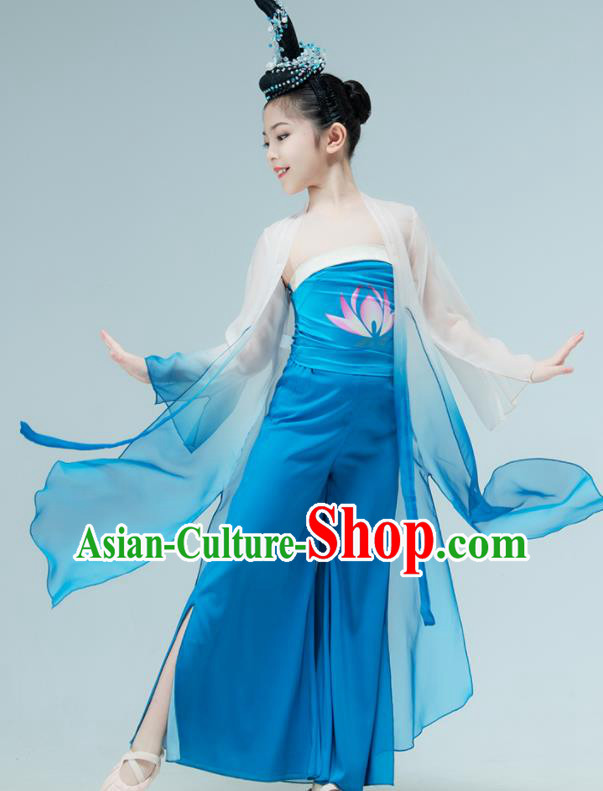 Chinese Stage Performance Costume Classical Dance Blue Outfit Children Fan Dance Garments Lotus Dance Clothing