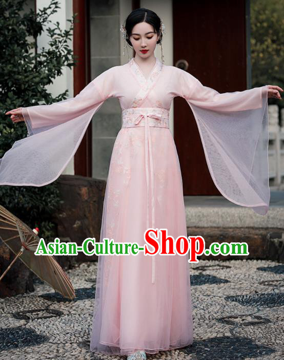 Chinese Traditional Pink Hanfu Dress Jin Dynasty Young Lady Clothing Ancient Princess Garment Costumes
