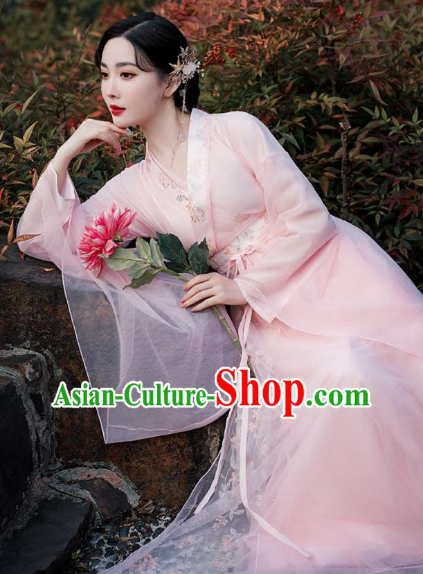 Chinese Traditional Pink Hanfu Dress Jin Dynasty Young Lady Clothing Ancient Princess Garment Costumes