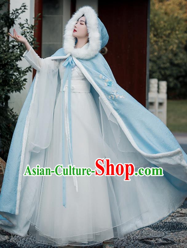Chinese Ancient Princess Embroidered Mantle Traditional Hanfu Blue Cape Ming Dynasty Young Lady Clothing