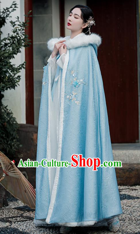 Chinese Ancient Princess Embroidered Mantle Traditional Hanfu Blue Cape Ming Dynasty Young Lady Clothing