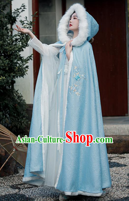 Chinese Ancient Princess Embroidered Mantle Traditional Hanfu Blue Cape Ming Dynasty Young Lady Clothing