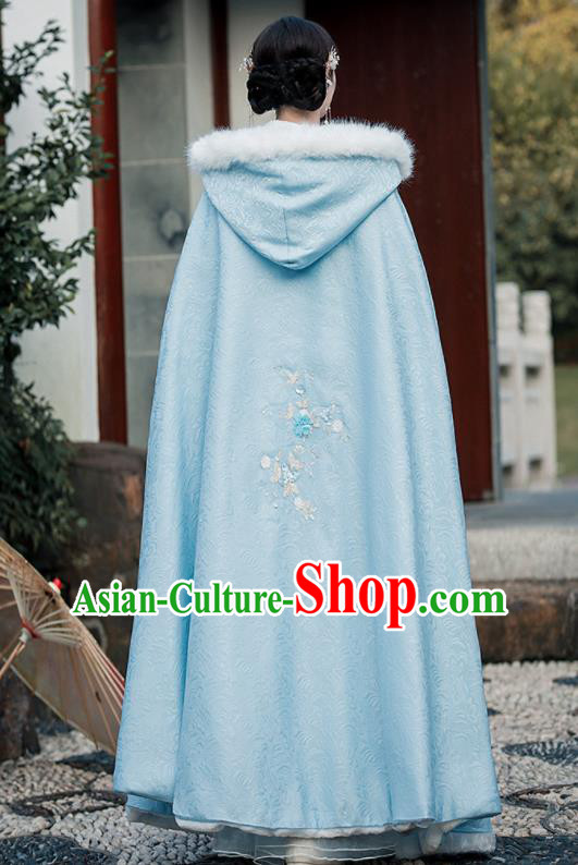 Chinese Ancient Princess Embroidered Mantle Traditional Hanfu Blue Cape Ming Dynasty Young Lady Clothing