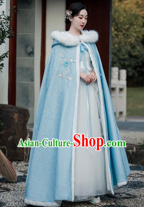 Chinese Ancient Princess Embroidered Mantle Traditional Hanfu Blue Cape Ming Dynasty Young Lady Clothing