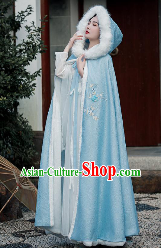 Chinese Ancient Princess Embroidered Mantle Traditional Hanfu Blue Cape Ming Dynasty Young Lady Clothing