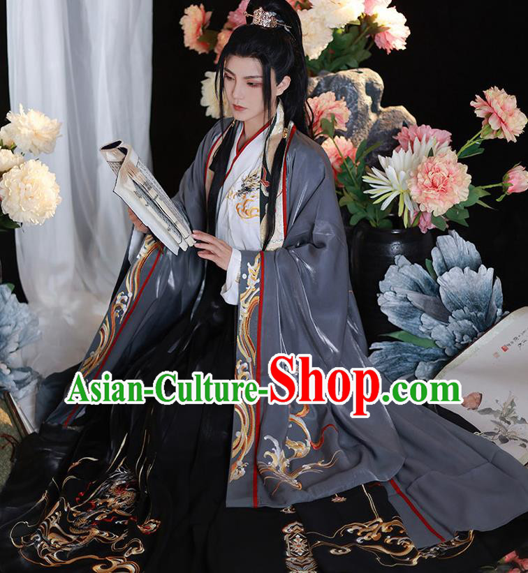 Jin Dynasty Young Childe Garment Costumes Chinese Ancient Prince Clothing Embroidered Hanfu Grey Outfits Complete Set