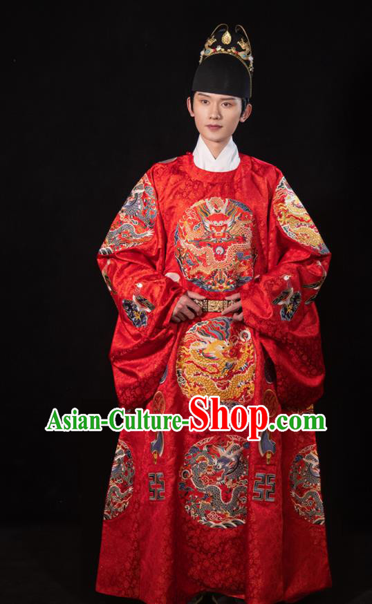 Chinese Embroidered Hanfu Wedding Robe Outfits Ming Dynasty Groom Garment Costumes Ancient Emperor Clothing