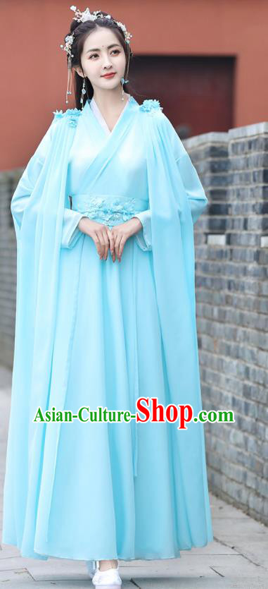 Chinese Ancient Princess Blue Dress Clothing Traditional Costume Drama Fairy Garment