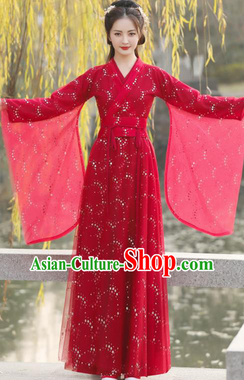 Chinese Ancient Swordswoman Red Dress Clothing Traditional Ming Dynasty Female Costume