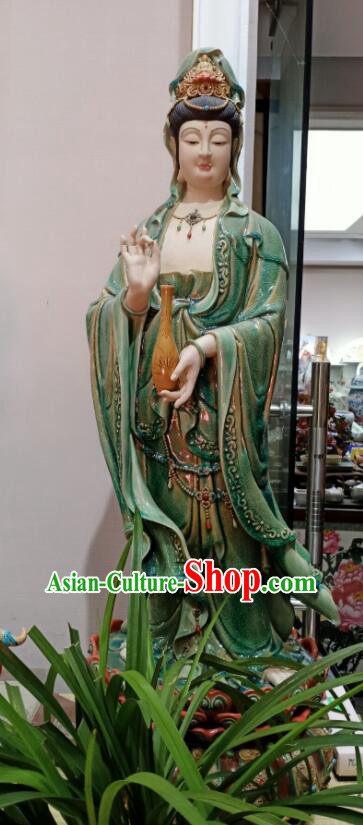 Chinese Mother Buddha Porcelain Arts Handmade Shi Wan Guan Yin Ceramic Figurine 44 inches Green Guanyin Statue