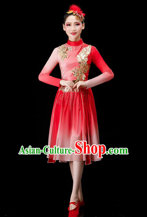 Chinese Modern Dance Clothing Chorus Group Red Dress Women Opening Dance Costume