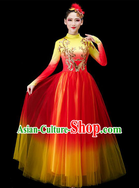 Chinese Modern Dance Clothing Stage Performance Red Dress Women Group Dance Costume