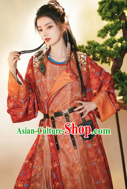 Chinese Traditional Hanfu Clothing Ancient Female Swordsman Red Robe Tang Dynasty Garment Costumes