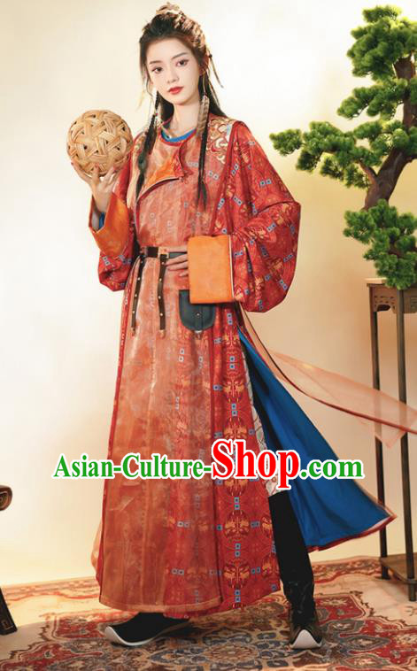 Chinese Traditional Hanfu Clothing Ancient Female Swordsman Red Robe Tang Dynasty Garment Costumes