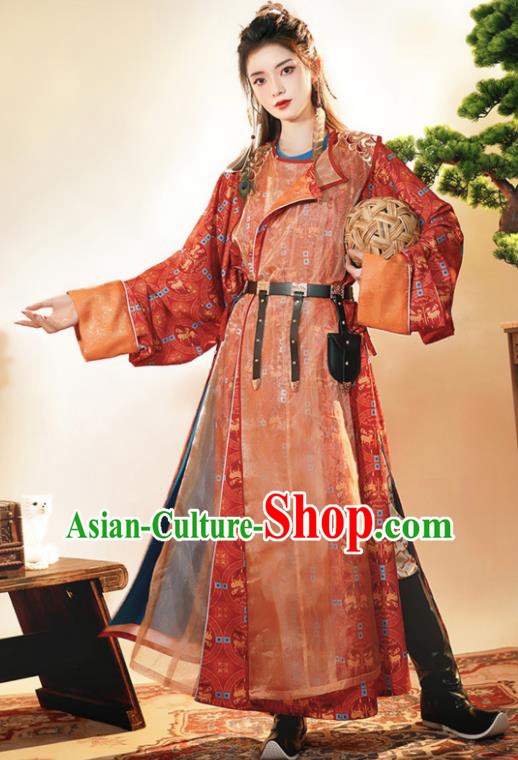 Chinese Traditional Hanfu Clothing Ancient Female Swordsman Red Robe Tang Dynasty Garment Costumes