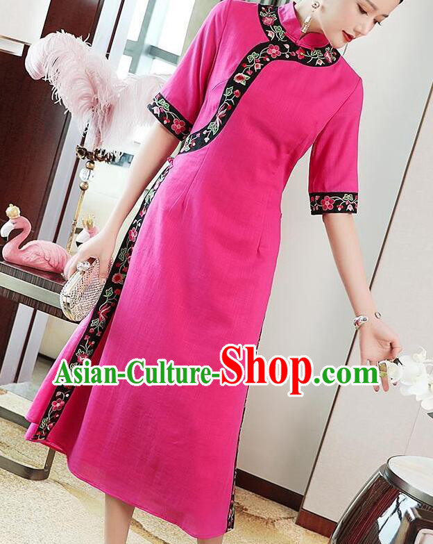 Chinese Traditional Cheongsam Embroidered Megenta Dress Aodai Qipao