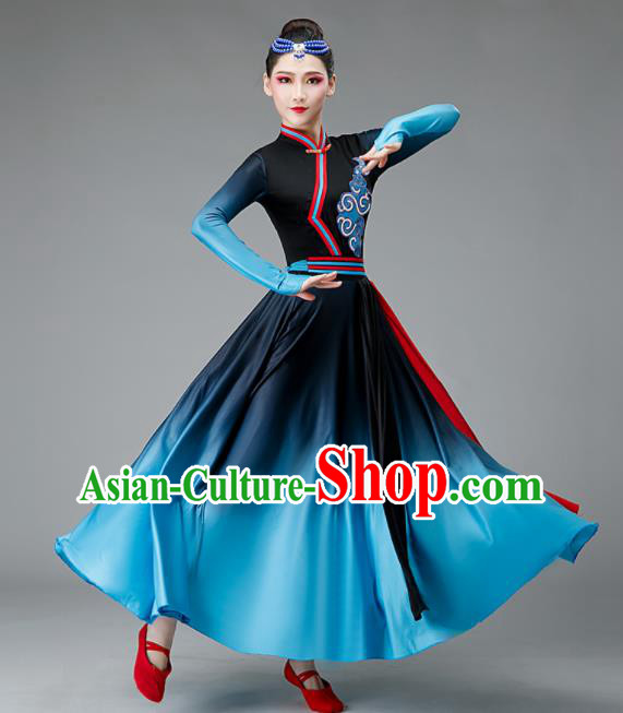 Chinese Ethnic Dance Costume Stage Performance Clothing Mongol Nationality Dance Blue Dress