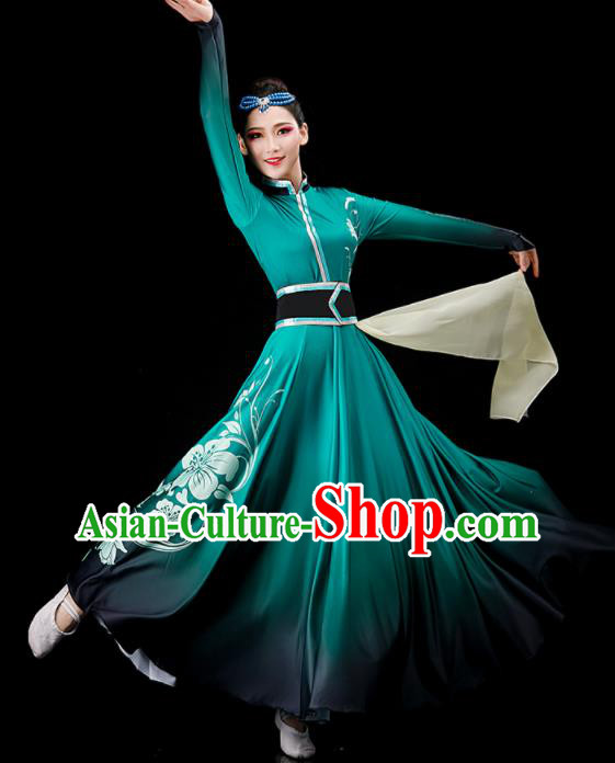 Chinese Stage Performance Clothing Mongol Nationality Dance Green Dress Ethnic Dance Costume