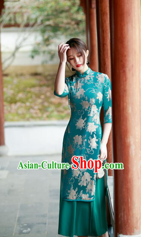 Chinese Traditional Green Cheongsam Middle Sleeve Dress Aodai Qipao