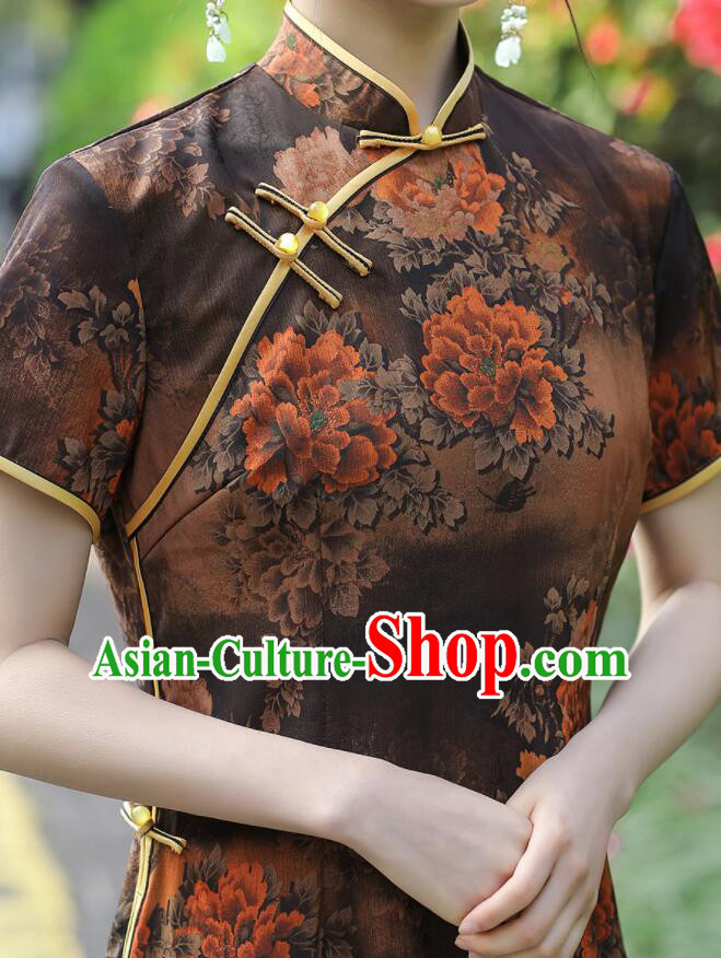 Chinese Aodai Qipao Traditional Brown Dress Classical Gambiered Guangdong Gauze Cheongsam