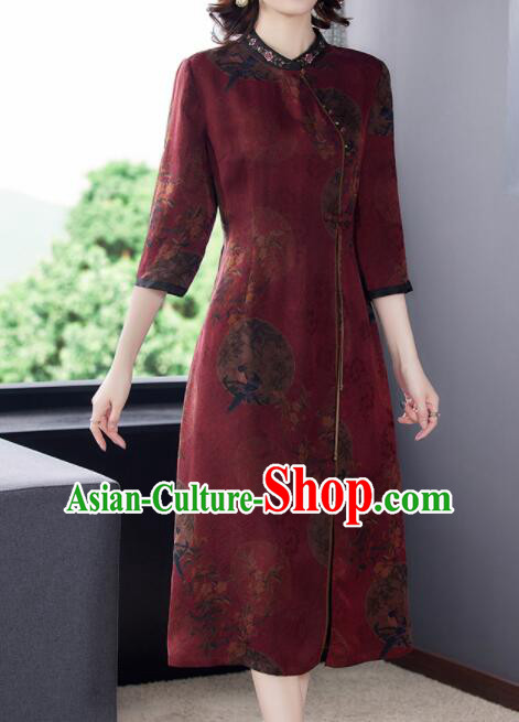 Chinese Classical Gambiered Guangdong Gauze Cheongsam Aodai Qipao Traditional Wine Red Dress
