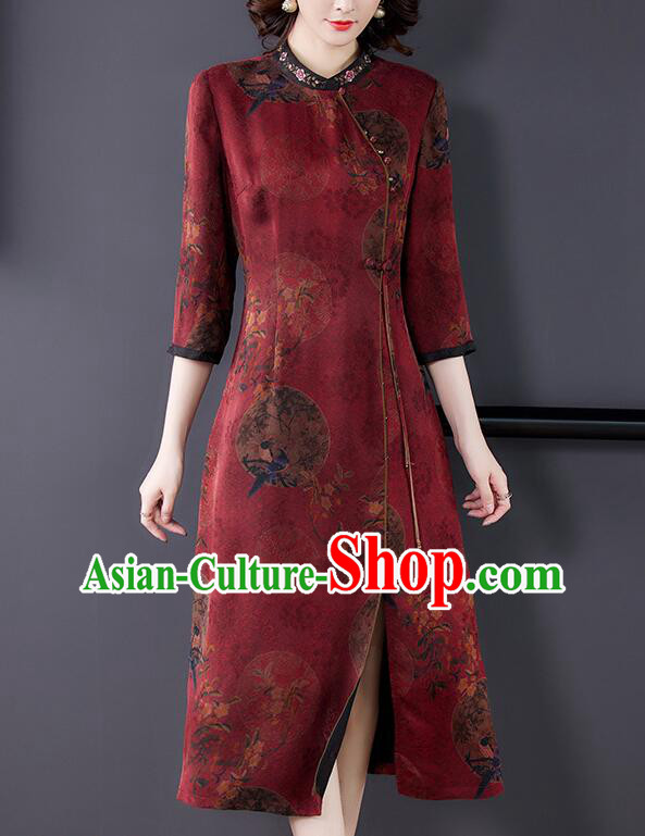 Chinese Classical Gambiered Guangdong Gauze Cheongsam Aodai Qipao Traditional Wine Red Dress