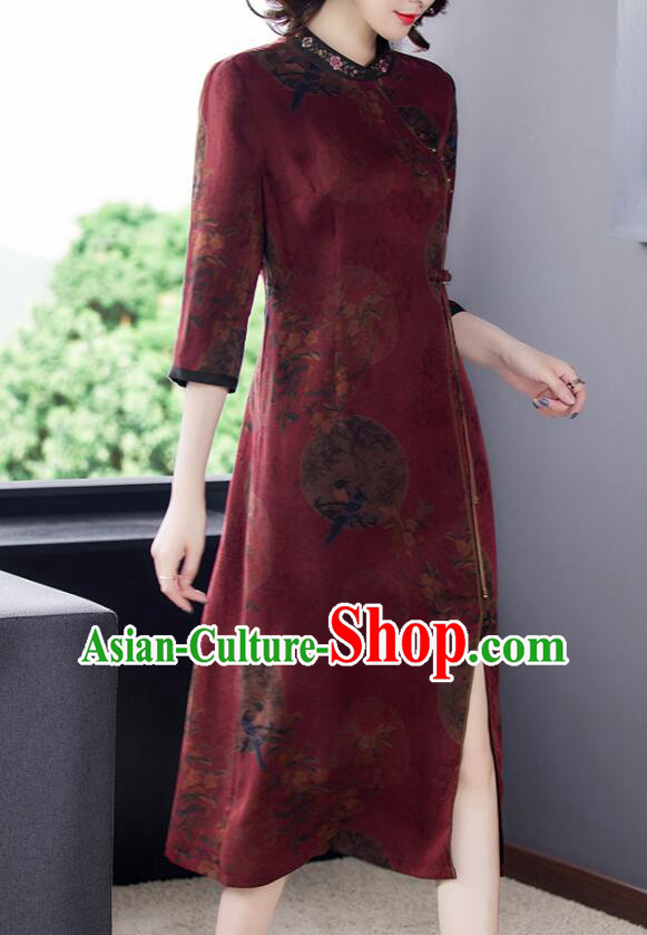 Chinese Classical Gambiered Guangdong Gauze Cheongsam Aodai Qipao Traditional Wine Red Dress