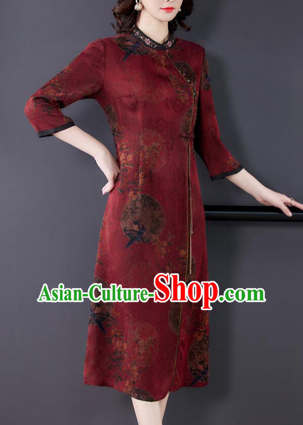 Chinese Classical Gambiered Guangdong Gauze Cheongsam Aodai Qipao Traditional Wine Red Dress