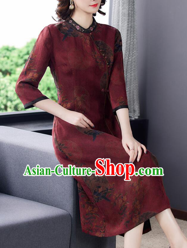 Chinese Classical Gambiered Guangdong Gauze Cheongsam Aodai Qipao Traditional Wine Red Dress