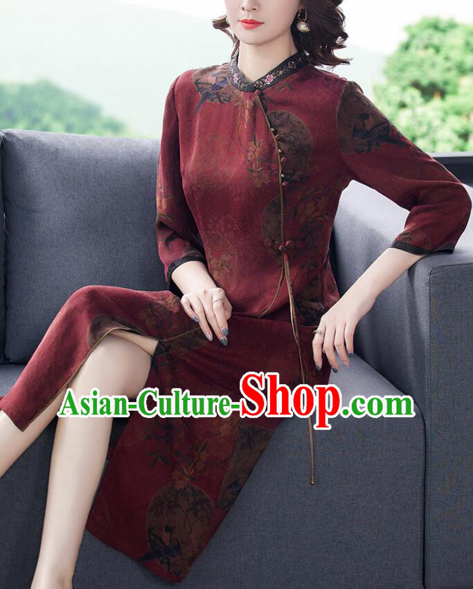 Chinese Classical Gambiered Guangdong Gauze Cheongsam Aodai Qipao Traditional Wine Red Dress