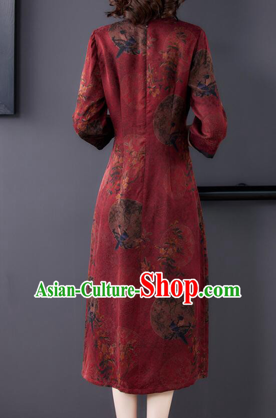 Chinese Classical Gambiered Guangdong Gauze Cheongsam Aodai Qipao Traditional Wine Red Dress
