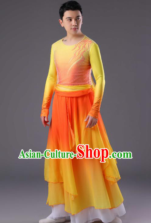 Chinese Men Drum Dance Orange Outfit Classical Dance Costume Spring Festival Gala Dance Clothing