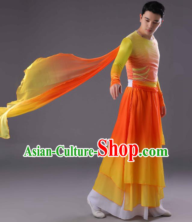 Chinese Men Drum Dance Orange Outfit Classical Dance Costume Spring Festival Gala Dance Clothing