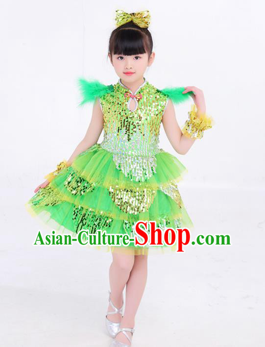 Top Modern Dance Costume Children Day Performance Clothing Girl Dance Green Dress