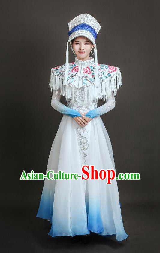 Chinese Ethnic Festival Clothing Folk Dance White Dress Qiang Nationality Dance Costume