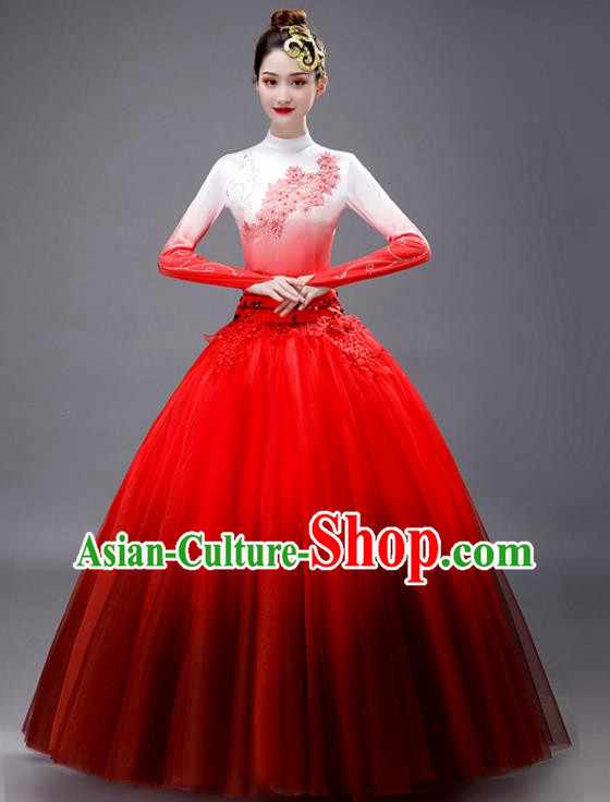 Chinese Women Group Dance Clothing Modern Dance Red Dress Opening Dance Stage Performance Costume