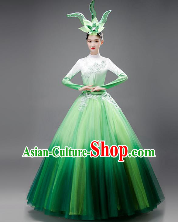 Chinese Modern Dance Green Dress Opening Dance Garment Costume Women Group Performance Clothing