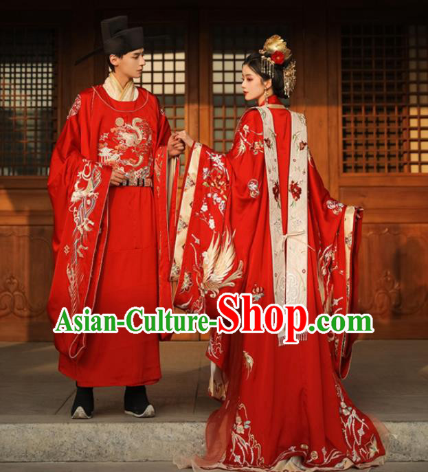 Chinese Traditional Wedding Garment Costumes Song Dynasty Bride and Groom Embroidered Clothing Complete Set
