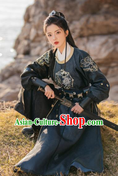Chinese Traditional Hanfu Round Collar Robe Ancient Swordswoman Clothing Tang Dynasty Imperial Bodyguard Costumes