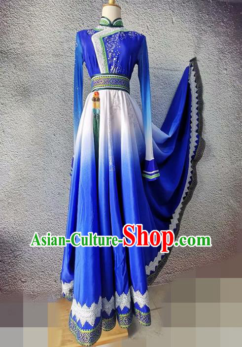 Chinese Mongol Nationality Dance Garment Costume Stage Performance Clothing Mongolian Dance Blue Dress