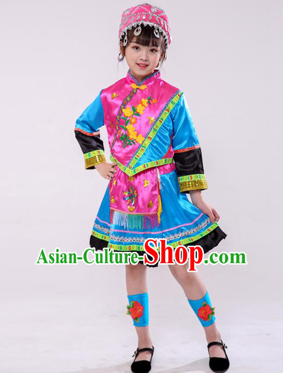 Chinese Stage Performance Clothing Mulao Nationality Dance Blue Dress Outfit Ethnic Girl Folk Dance Costume