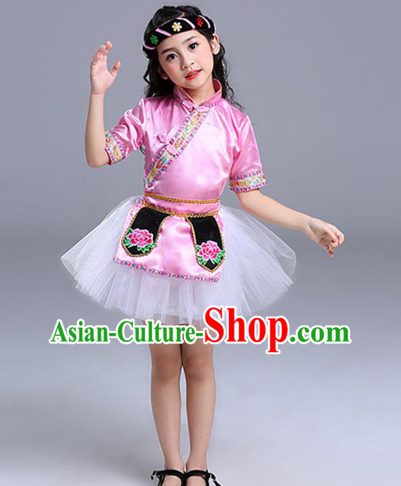 Chinese Ethnic Girl Folk Dance Costume Stage Performance Clothing Salar Nationality Dance Pink Dress Outfit