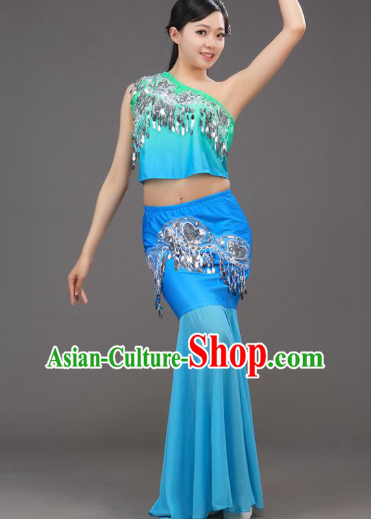 Chinese Pavane Stage Performance Clothing Dai Nationality Peacock Dance Blue Outfit Yunnan Ethnic Folk Dance Dress