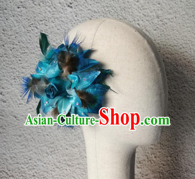 China Stage Performance Headwear Peacock Dance Hair Accessories Pavane Dance Blue Feather Headpiece