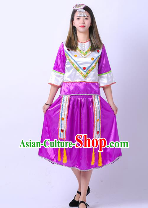 Chinese Stage Performance Clothing Naxi Nationality Dance Purple Dress Outfit Yunnan Ethnic Girl Folk Dance Costume