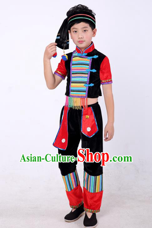 Chinese Yunnan Ethnic Boy Folk Dance Costume Stage Performance Clothing Jingpo Nationality Dance Black Outfit