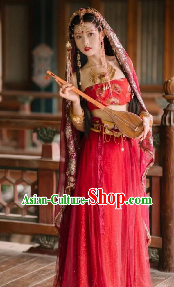 Chinese Tang Dynasty Dance Lady Garment Costumes Ancient Princess Red Dress Clothing and Headdress Complete Set