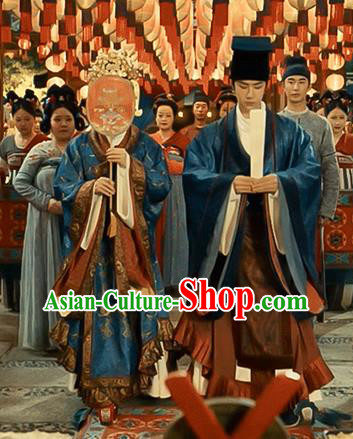 Chinese Tang Dynasty Wedding Garment Costumes Ancient Bride and Groom Clothing and Headpieces Complete Set