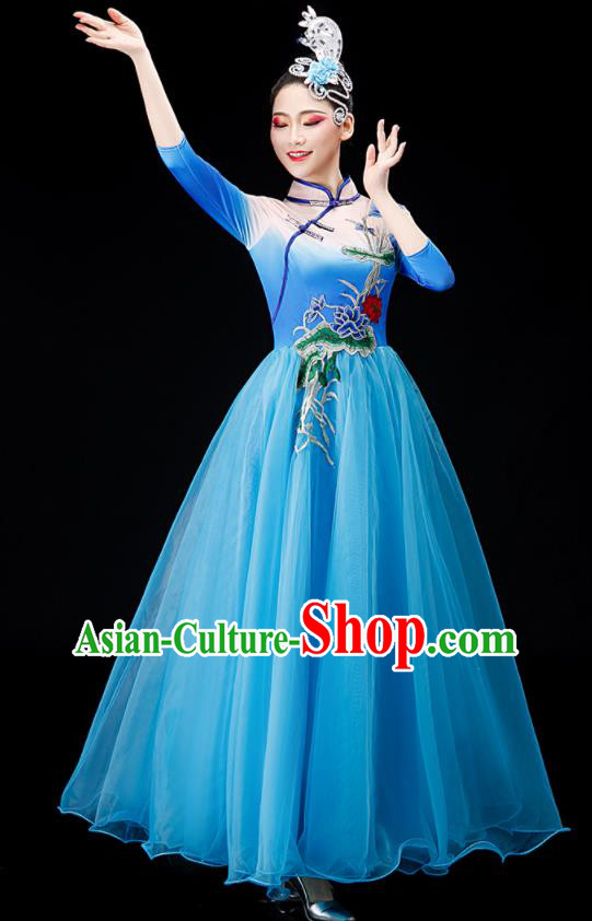 Chinese Chorus Costume Modern Dance Clothing Stage Performance Blue Dress